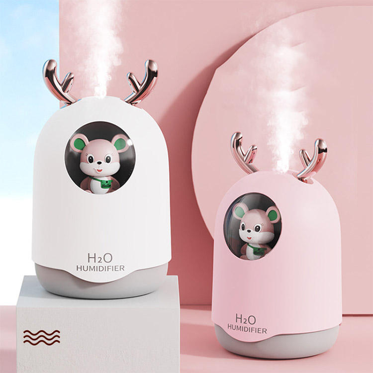 دستگاه بخور سرد عروسکی موش طرح شاخ گوزن چراغ دار حجم 300 میل Mini Cute Portable Air Humidifier H₂O 300ml