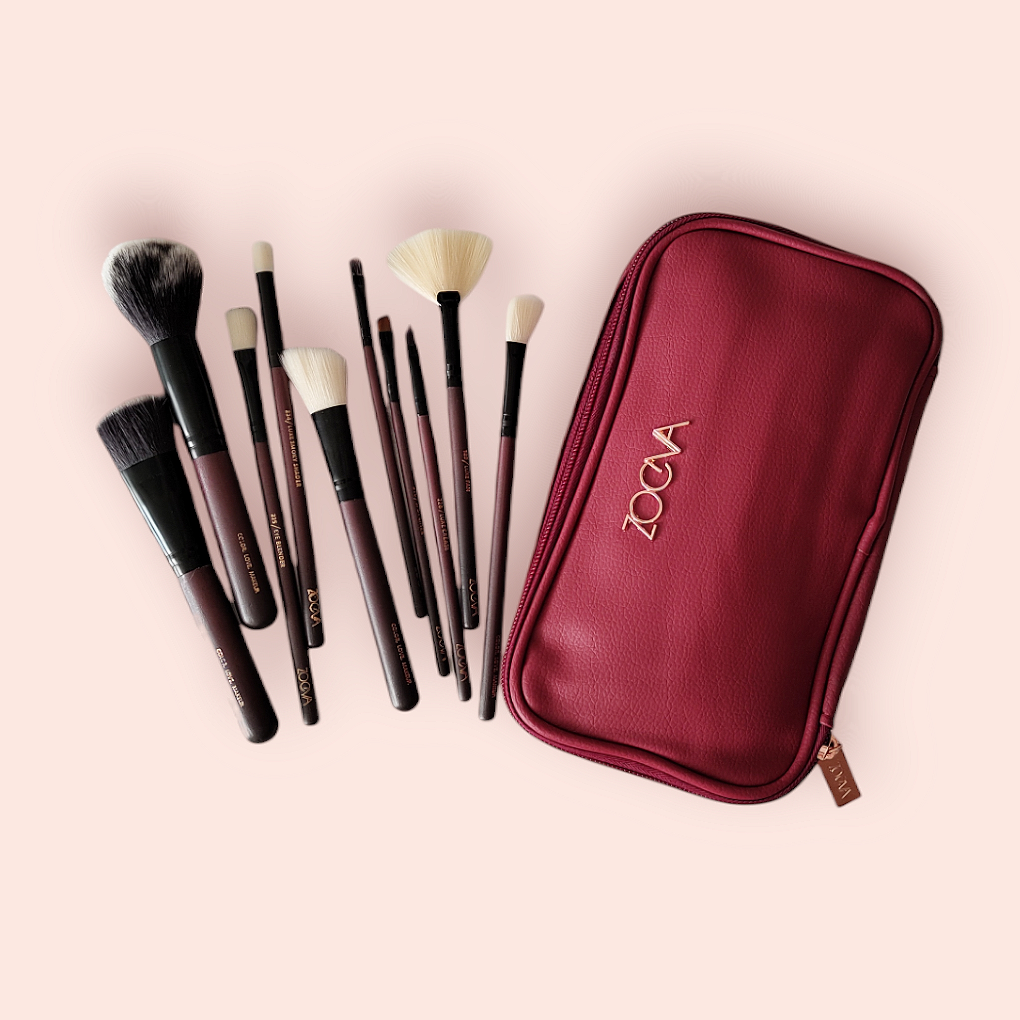 ست براش 10 تایی زوئوا کیف چرمی زرشکی ZOEVA 10 Piece Brush Set