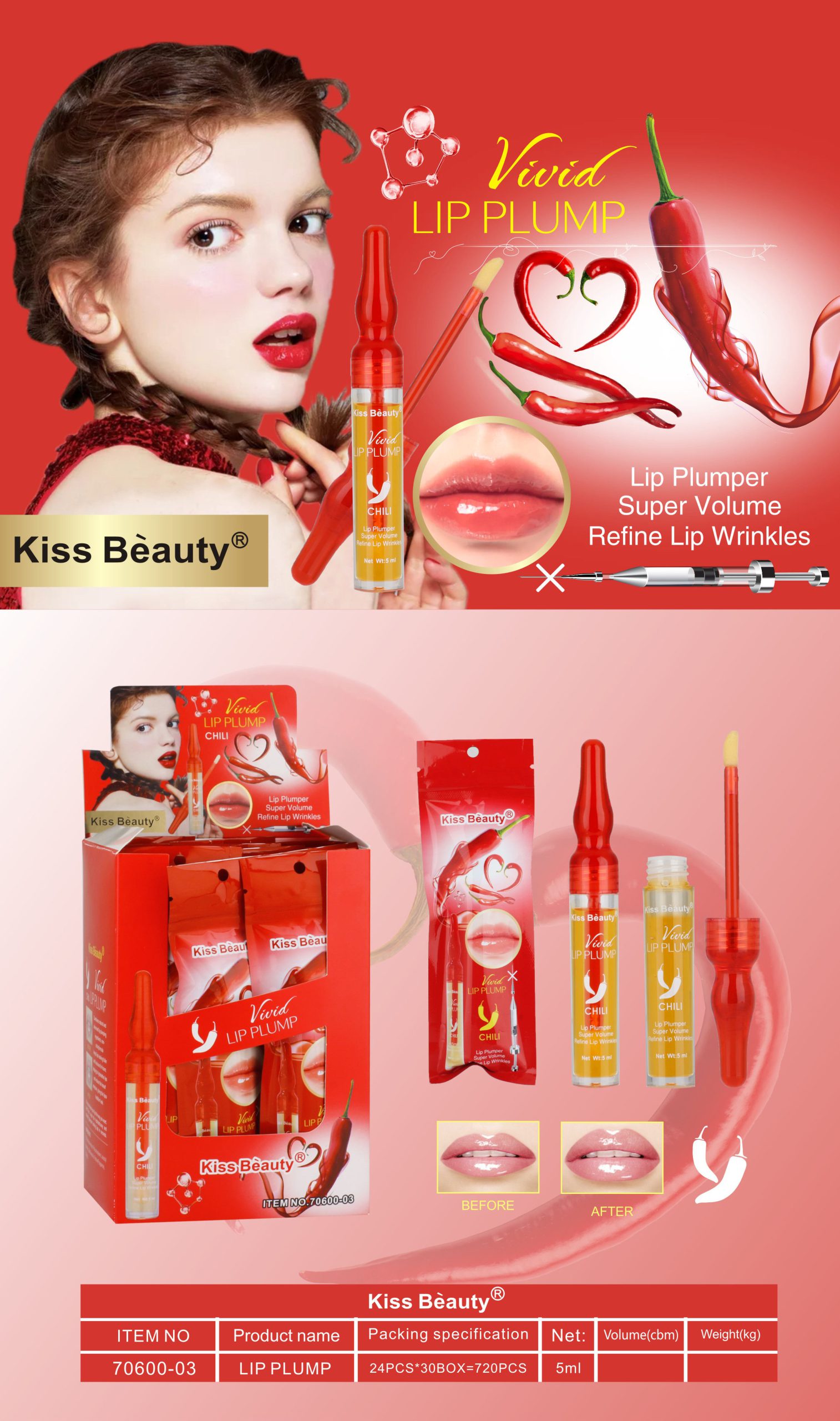 حجم دهنده لب آمپولی فلفلی اصلی کیس بیوتی 5میل Kiss Beauty Vivid Chili Lip Plumper