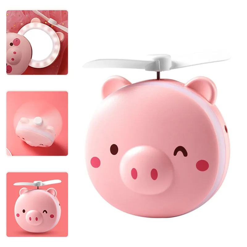 آینه فن دار و چراغ دار ( رینگ لایت ) شارژی مدل خوک صورتی Pig Mini Fan With Makeup Mirror LED
