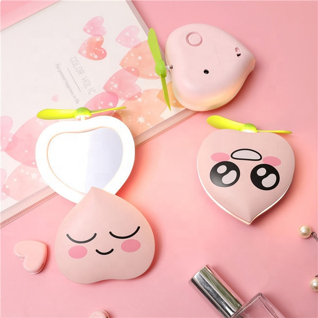 آینه فن دار و چراغ دار شارژی مدل هلو ( رینگ لایت ) Peach Mini Fan With Makeup Mirror LED