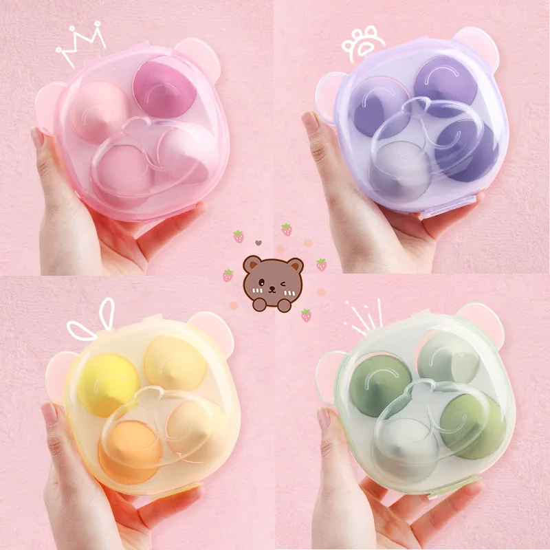 پد آرایشی 4عددی اشکی استند دار طرح خرس ( باکس بیوتی بلندر 4تایی فانتزی ) اورجینال4pcs Makeup Sponge With Bear Storage Box
