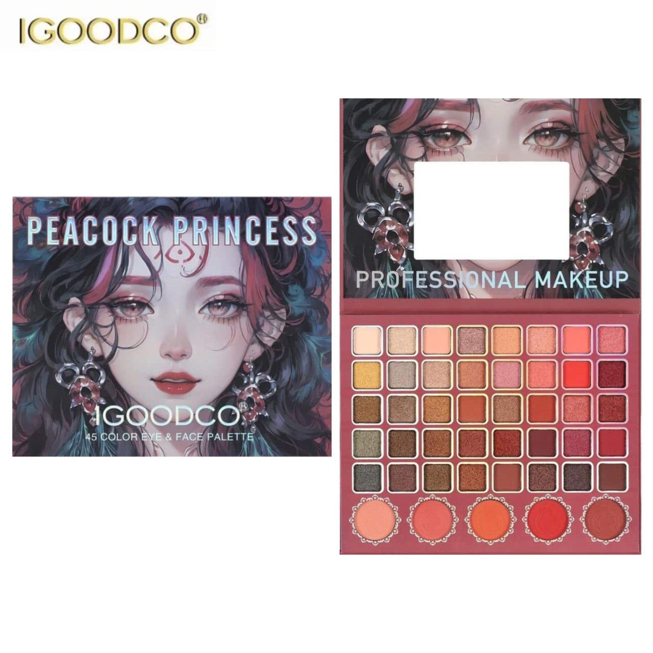 پالت آرایشی آی گود کو مدل پرنسس طاووس 45 رنگ اورجینال IGOODCO 45 colors Eye & Face Palette
